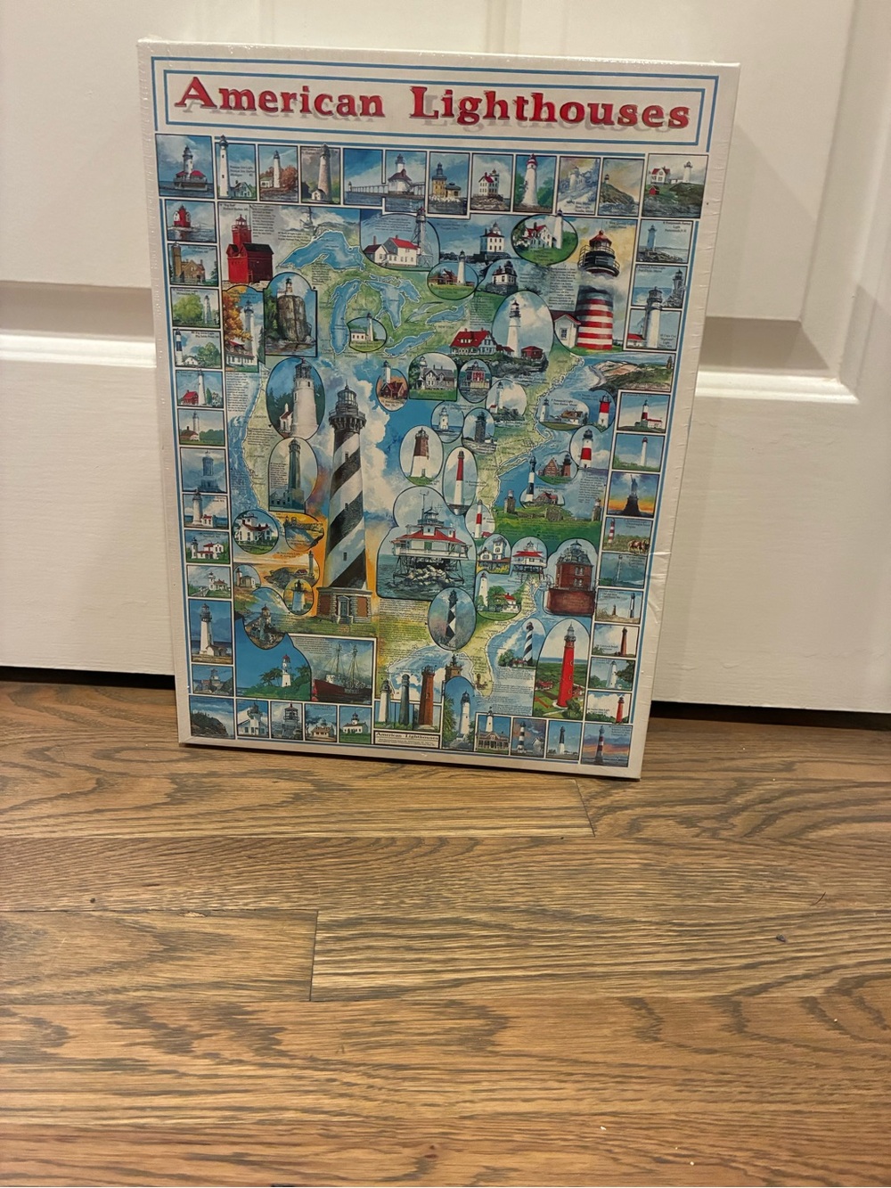 American Lighthouses Wall Art Poster - Blue, White & Red